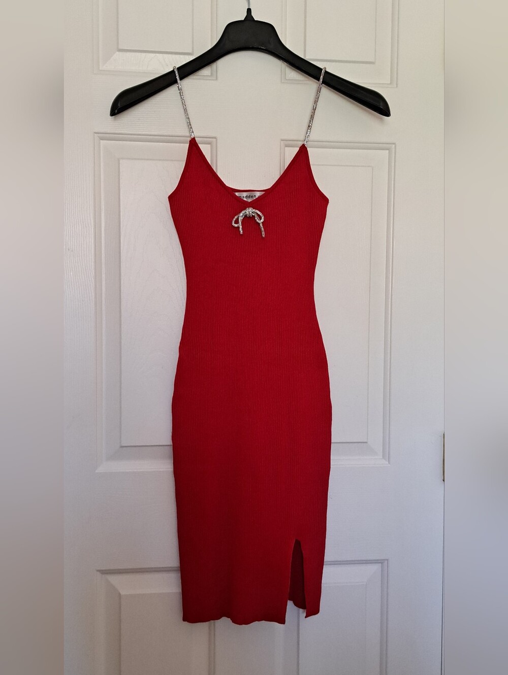 Red Ribbed Slip Dress with Rhinestone Straps